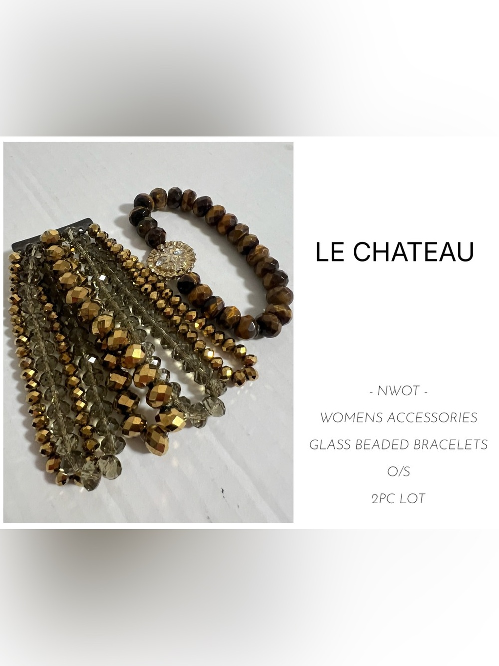 LE CHATEAU - NWT - 2PCS - BRONZE / GOLD / TIGERS EYE GLASS BEADED BRACELETS